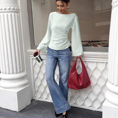 Women's Round-neck Woven Blouse With Flared Long Sleeves