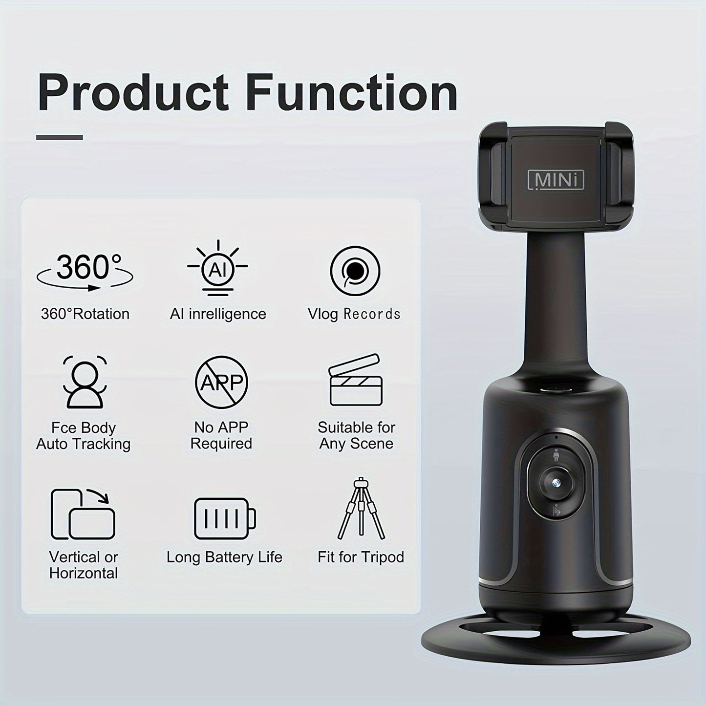 360° Auto-Tracking Smartphone Tripod - Hands-Free Face & Body Recognition - Wireless Rechargeable Holder for Live Streaming, Vlogging & Video Recording - Black