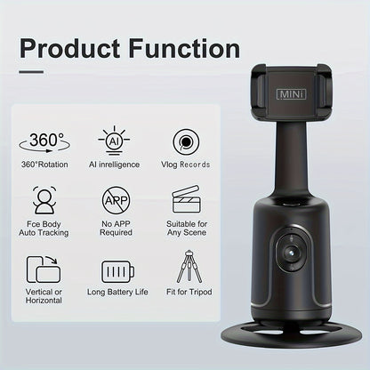 360° Auto-Tracking Smartphone Tripod - Hands-Free Face & Body Recognition - Wireless Rechargeable Holder for Live Streaming, Vlogging & Video Recording - Black