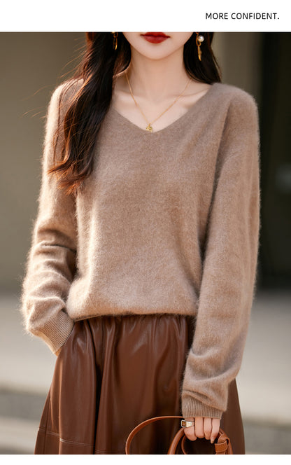 V-neck Cashmere Knit Women's Loose-fit Sweater