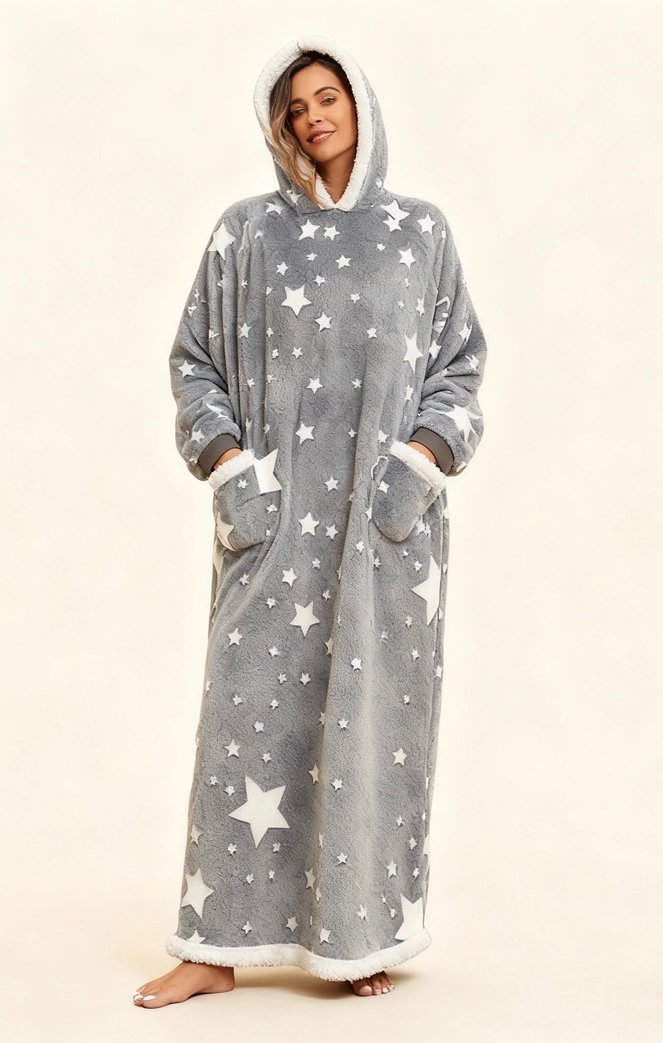 Oversized Wearable Hooded Blanket With Print Glow In The Dark Long Size Sherpa Warm Sweatshirt For Women