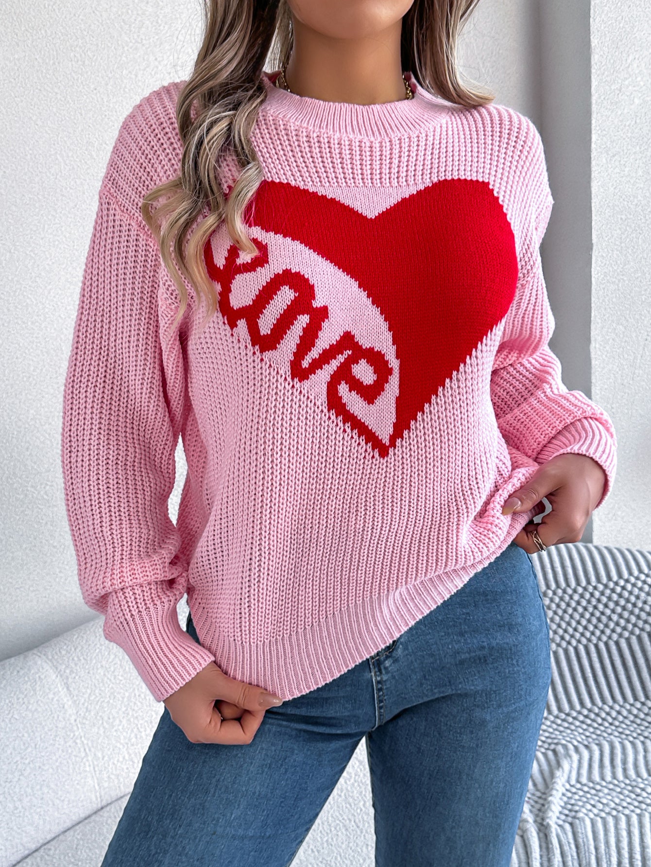 Women Casual Color Block Heart LOVE Long Sleeve Pullover Sweater