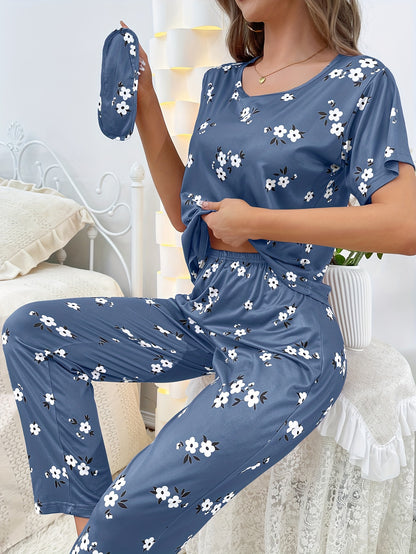 Women's Floral Print Pajama Set - Comfortable Short Sleeve Tee Top and Pants for Sleep and Lounging