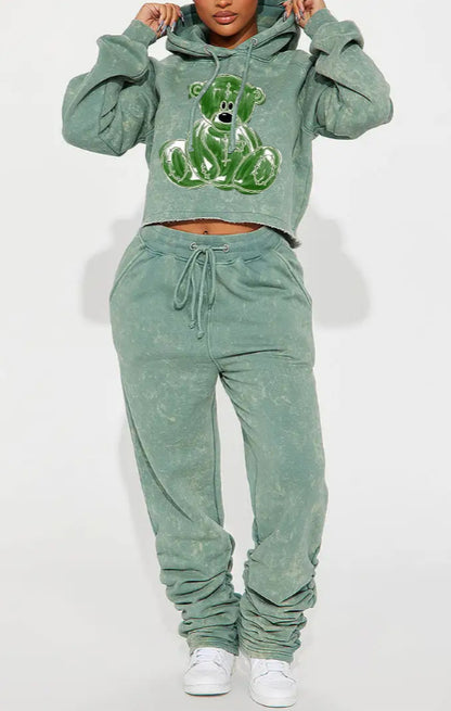 Casual Printed Hooded Short Sweatshirt Set