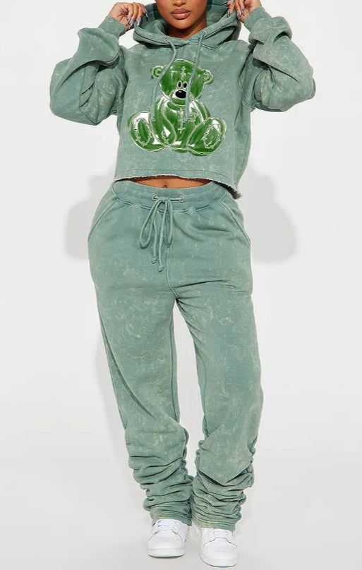 Casual Printed Hooded Short Sweatshirt Set