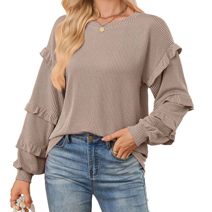 Casual Loose-fit Crew Neck T-shirt With Lantern Sleeves And Ruffled Hem