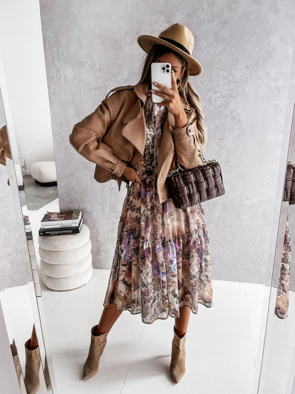New Long-sleeved Mid-length Printed Dress