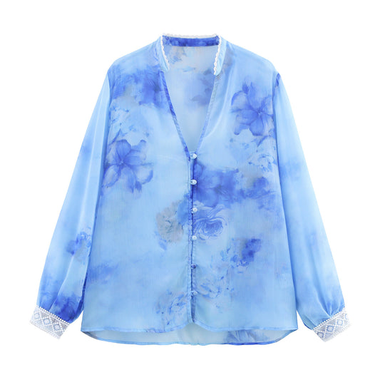 Spring Summer Ethnic Style Floral Print Long Sleeve Blouse
