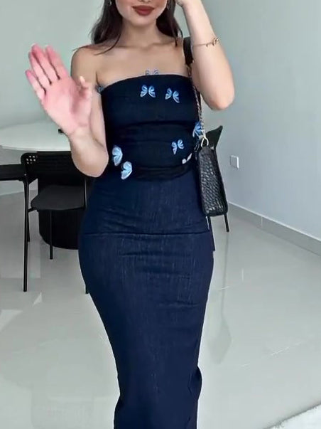 Denim Tube Top Patchwork Mesh Butterfly Dress