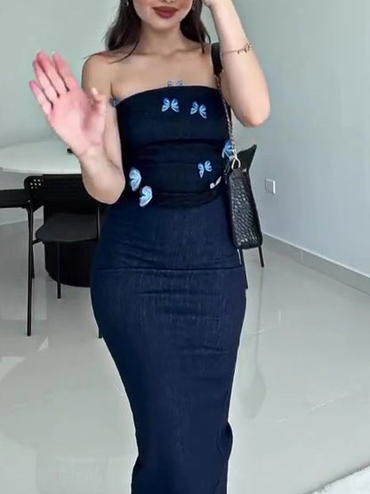 Denim Tube Top Patchwork Mesh Butterfly Dress