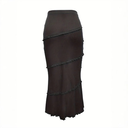 Womens Solid-Color Multi-Layer Patchwork Ruffle-Trim Knitted Fishtail Skirt