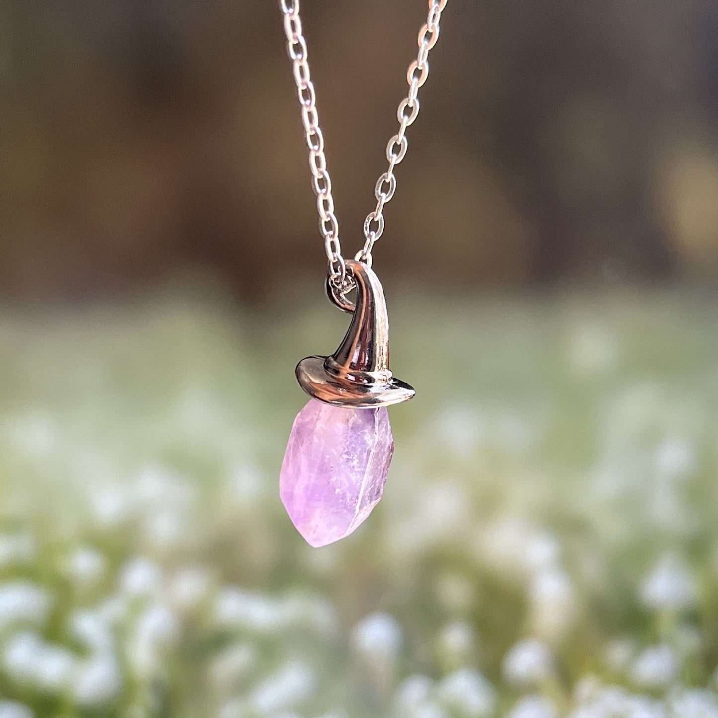 Retro Natural Amethyst Hexagonal Witch Hat Pendant Necklace
