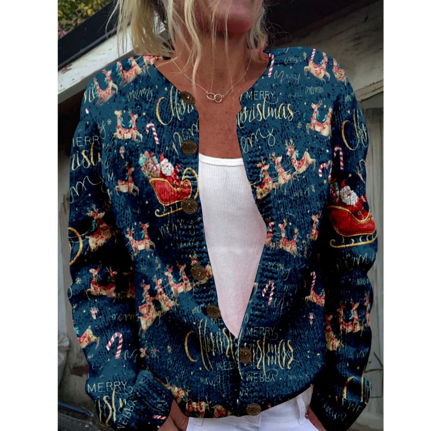Round Neck Sweater Christmas Button Cardigan Long Sleeve Sweater