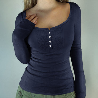 Versatile Button-down Long-sleeve Base T-shirt For Women