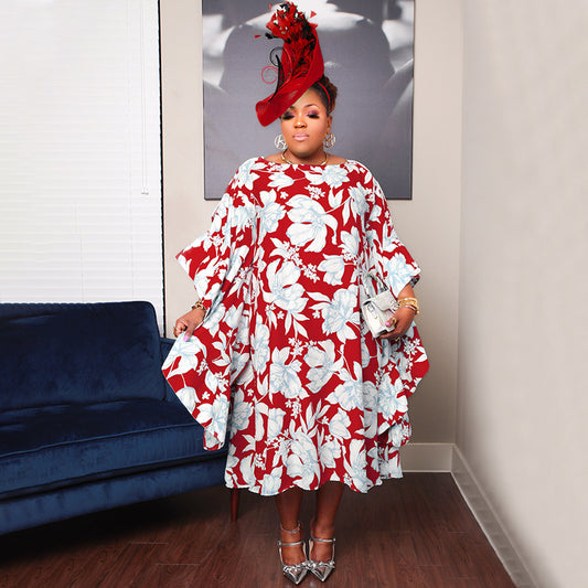 Women's Multi-color Split Skirt With Kimono Sleeves Plus-size Dress