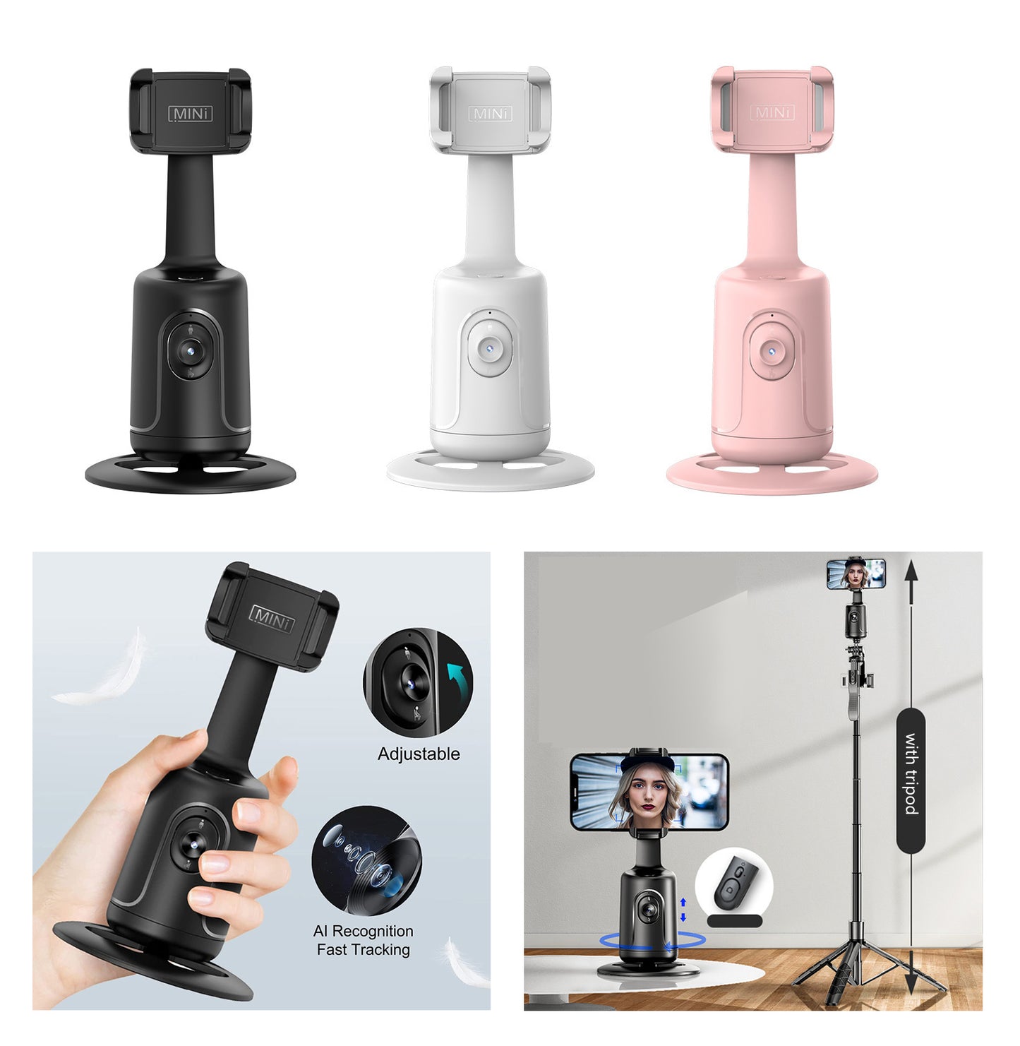 360° Auto-Tracking Smartphone Tripod - Hands-Free Face & Body Recognition - Wireless Rechargeable Holder for Live Streaming, Vlogging & Video Recording - Black