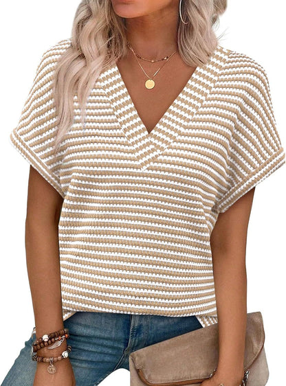 Casual Striped Textured Short-Sleeve Arrival V-Neck Knitted T-Shirt