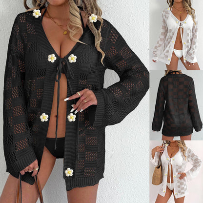 Women's European And American Woven Hollow-out Long-sleeved Blouse