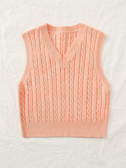 SpringSummer Knitted Cabled Vest Pullover With V-Neck