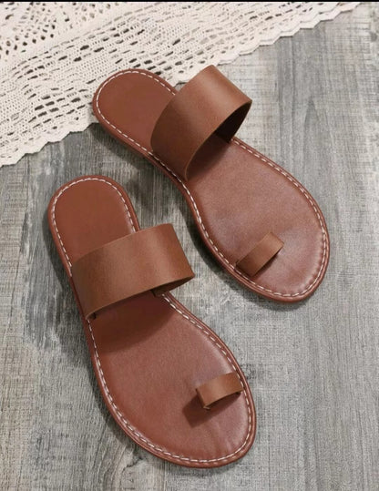 Women's Dark Brown Toe Loop Sandals - Comfortable Flat Slip-On Slides for Indoor & Outdoor Wear