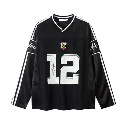 Digital Printed Long-sleeved T-shirt Jersey Contrast Color V-neck Top