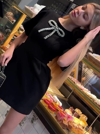 Elegant Rhinestone Bow Petal Sleeve Dress