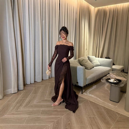 Off-the-shoulder Patchwork Lace Long-sleeve Flared Elegant Vintage Dress