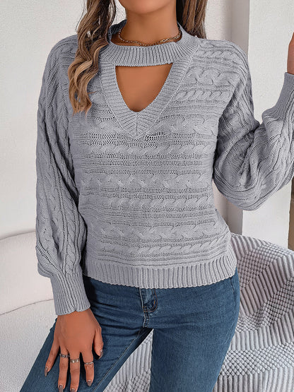 Women Casual Hollow Out Cable Knit Long Sleeve Pullover Sweater