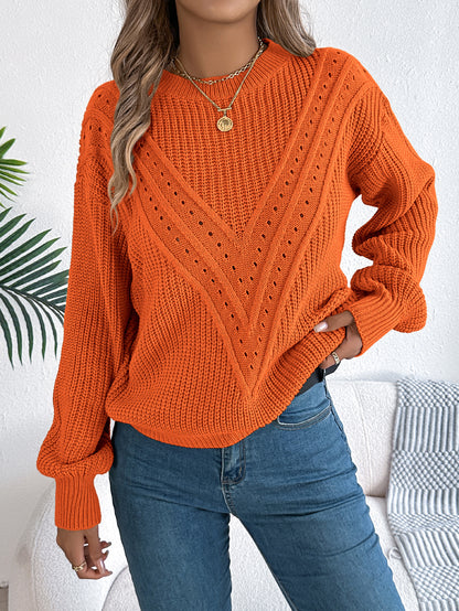 Women Casual Solid Color V-Neck Hollow Out Lantern Sleeve Pullover Sweater