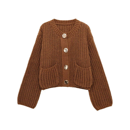 Pocket-button Knitted Women's Round-neck Ingot Sweater Coat