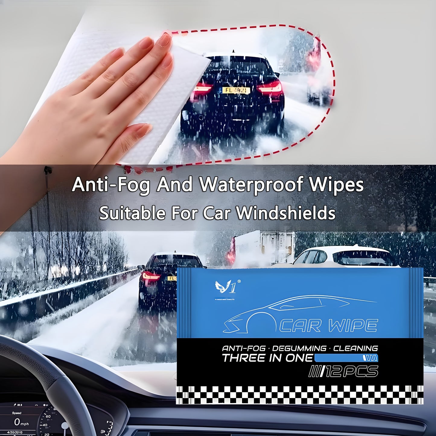 Safe Driving | Anti-Fog & Waterproof Car Wipes for Windshields, Mirrors, and Helmets - 3-in-1 Cleaning Formula for Fog Removal, Oil Film Removal, and Streak-Free Shine - Fit for All Vehicles