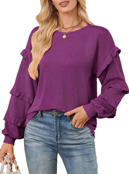 Casual Loose-fit Crew Neck T-shirt With Lantern Sleeves And Ruffled Hem