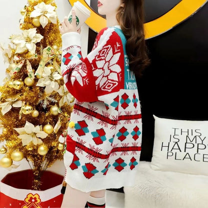 Versatile Loose Round-neck Red Christmas Sweater Women