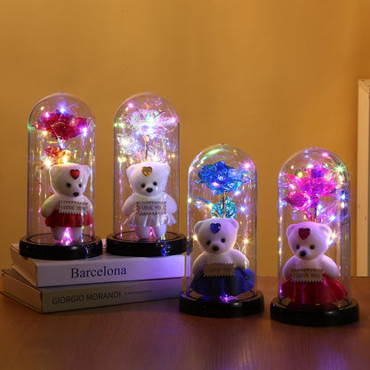 Rose Bear Preserved Fresh Flower Glass Cover Valentine's Day LED Light Decoration Gift