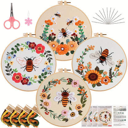 5set Embroidery Kit, Honeybee And Flowers, Include 1 Embroidery Hoop 7.9 Inch