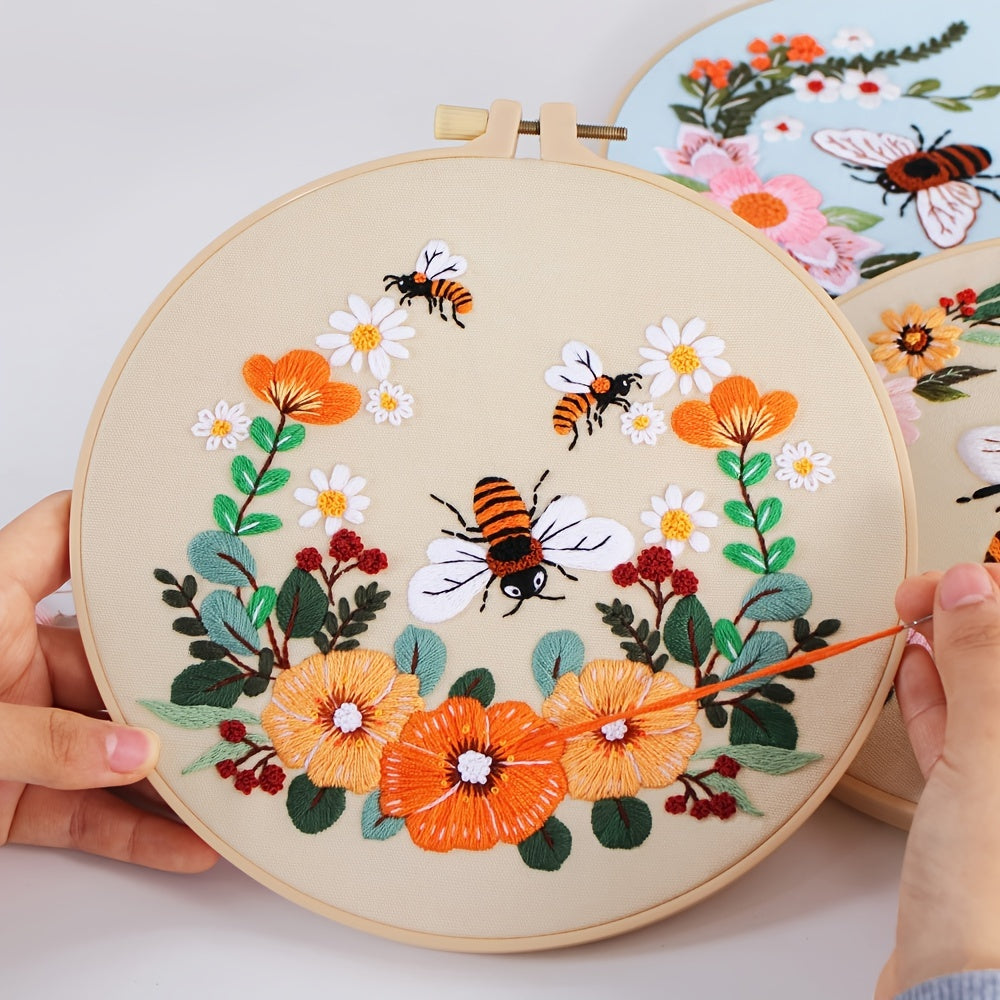 5set Embroidery Kit, Honeybee And Flowers, Include 1 Embroidery Hoop 7.9 Inch
