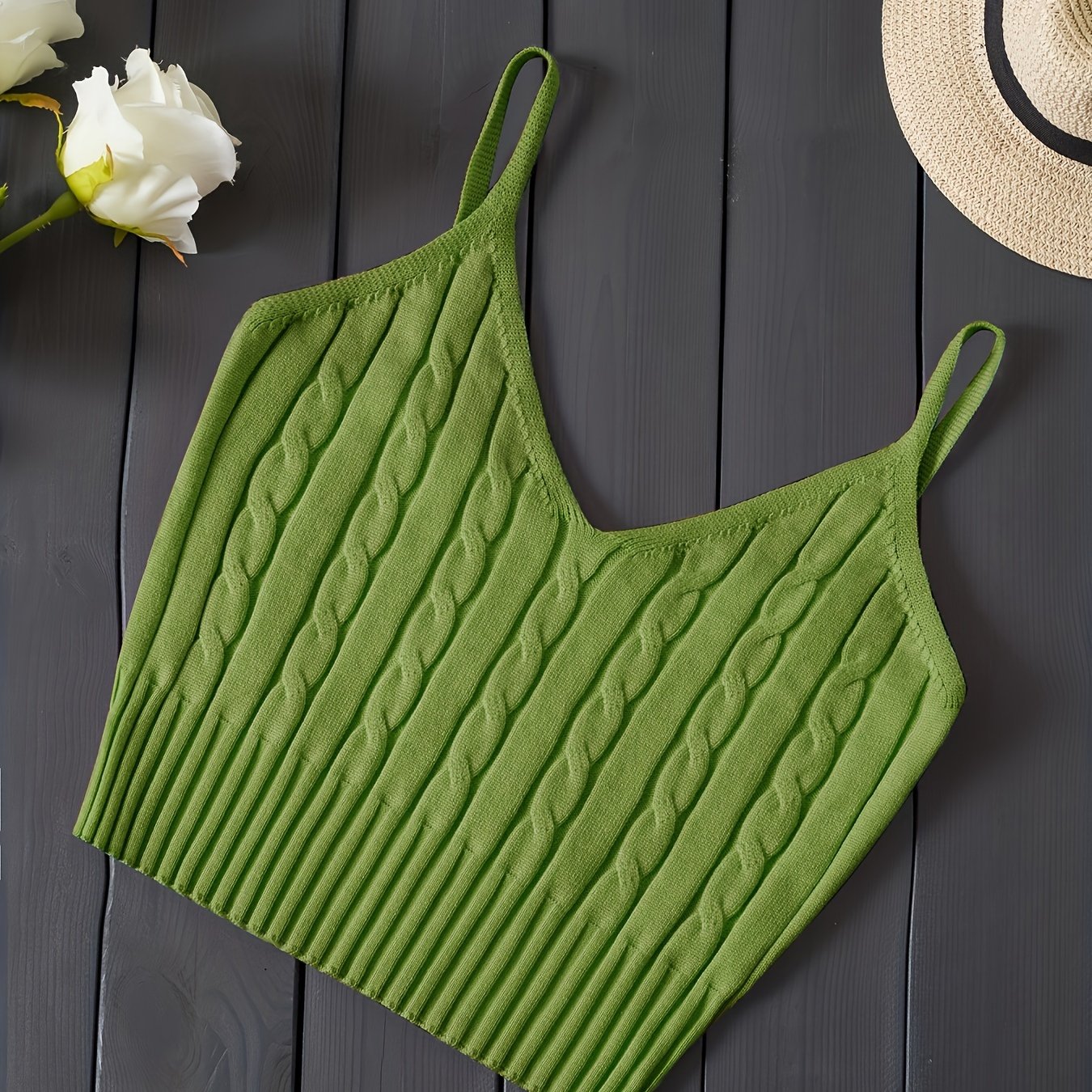 Valentine's Day Knitted Cami Crop Top, Versatile Sleeveless Casual Top For Spring & Summer, Women's Clothing