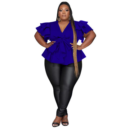 Women's Casual All-Match V-Neck Ruffle-Sleeve Pleated Blouse Top