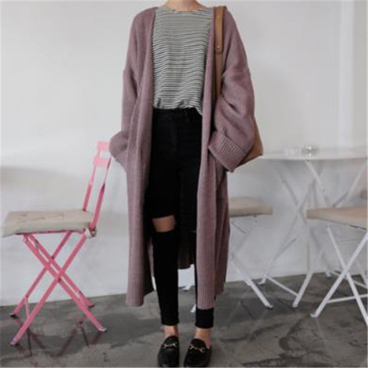 Women's Mid-length Crimped Solid Color Lazy Loose Knit Long-sleeved Sweater Coat