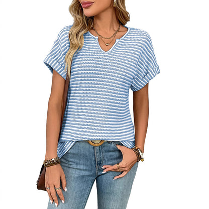 New Women's V-neck Short-sleeve Loose-fit Striped Casual Pullover T-shirt