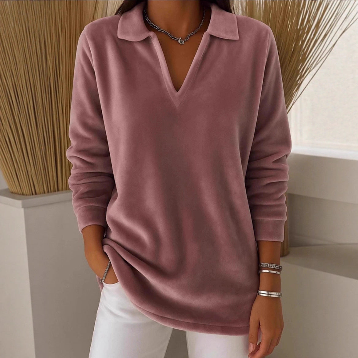 Solid Color Velvet Relaxed Fit Casual Long Sleeve Top