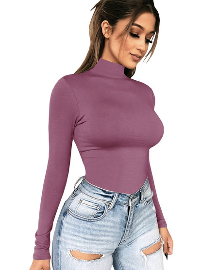 Women's Basic Solid Stretchy Long Sleeve Turtle Neck T-Shirt - Casual Everyday Top for Comfort and Style