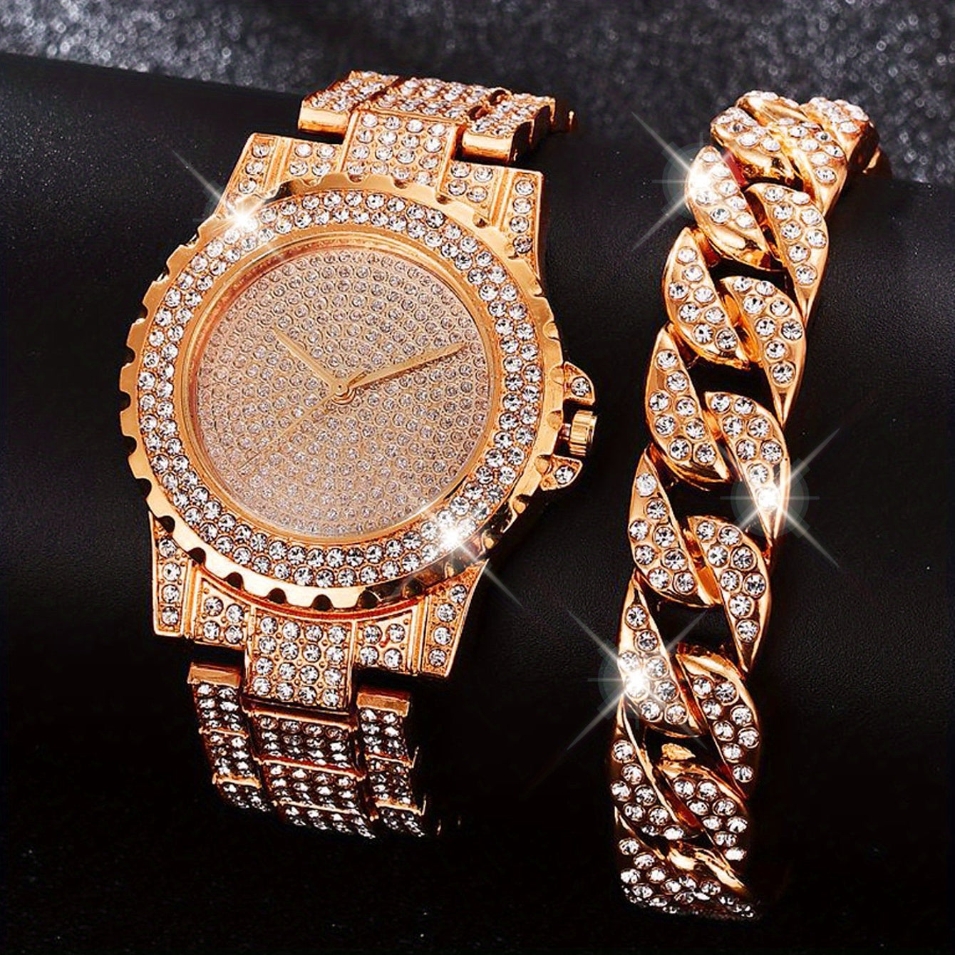 1pc Rhinestone Decor Quartz Watch Luxury Hiphop Analog Wristwatch & 1pc Bracelet, Gift For Xmas Valentine's Day