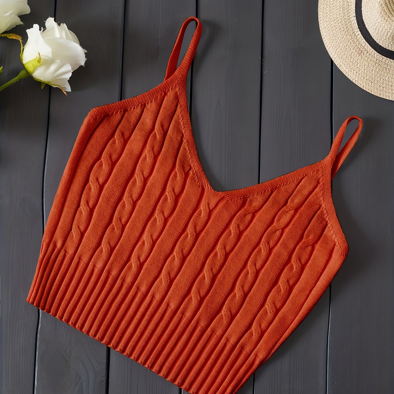 Valentine's Day Knitted Cami Crop Top, Versatile Sleeveless Casual Top For Spring & Summer, Women's Clothing