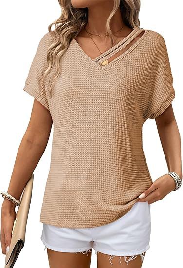 Waffle-knit Short-sleeve V-neck Women's Fashion Casual