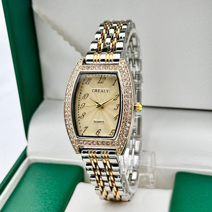Diamond-encrusted Watch Barrel-shaped Dial Metal Bracelet Quartz Ladies' Watch