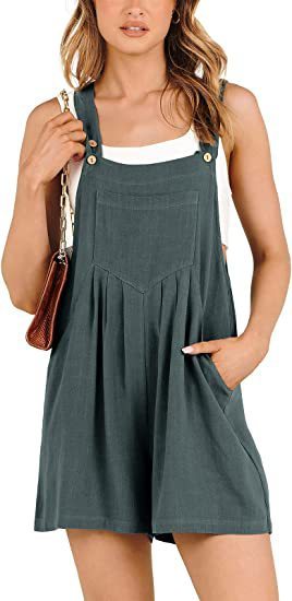 Women's Cotton Linen Short Overalls - Adjustable Strap Summer Jumpsuit Romper