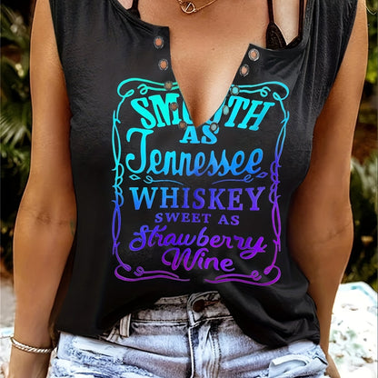 Smooth As Tennessee Whiskey Sweet As Strawberry Wine Women's Tank Top - Soft Pink Sleeveless V-Neck Casual Shirt with Bold Letter Print, Thick Strap Country Music Style, Machine Washable All-Season Wear, Festive Concert Attir