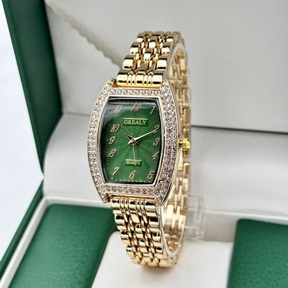 Diamond-encrusted Watch Barrel-shaped Dial Metal Bracelet Quartz Ladies' Watch
