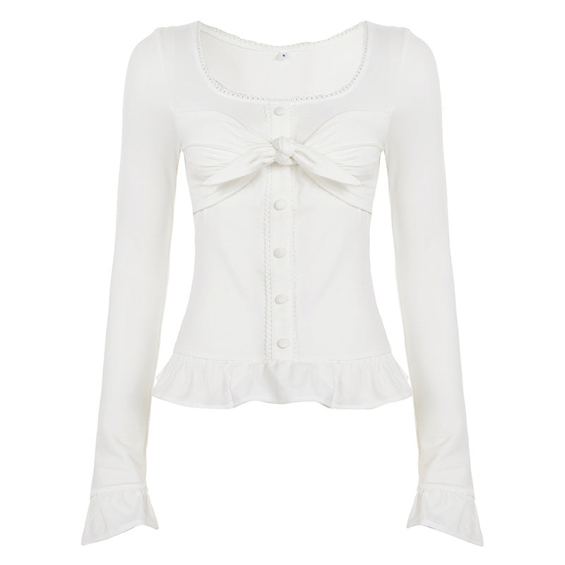 Sweet And Spicy Style With A U-neck And Ruffled Hem, Long-sleeved Design